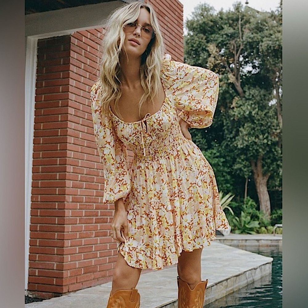 L*SPACE Woman Floral Dress Yellow Fit flare  Coquettecore Femine Size Large